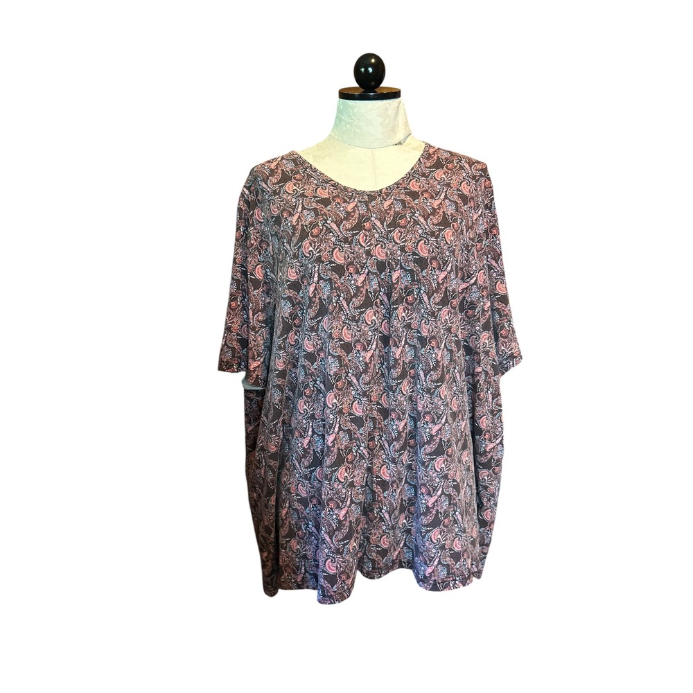 Ulla Popken Womens Plus Size 24/26 Paisley Print A-Line‎ V-Neck Tunic Top Pink